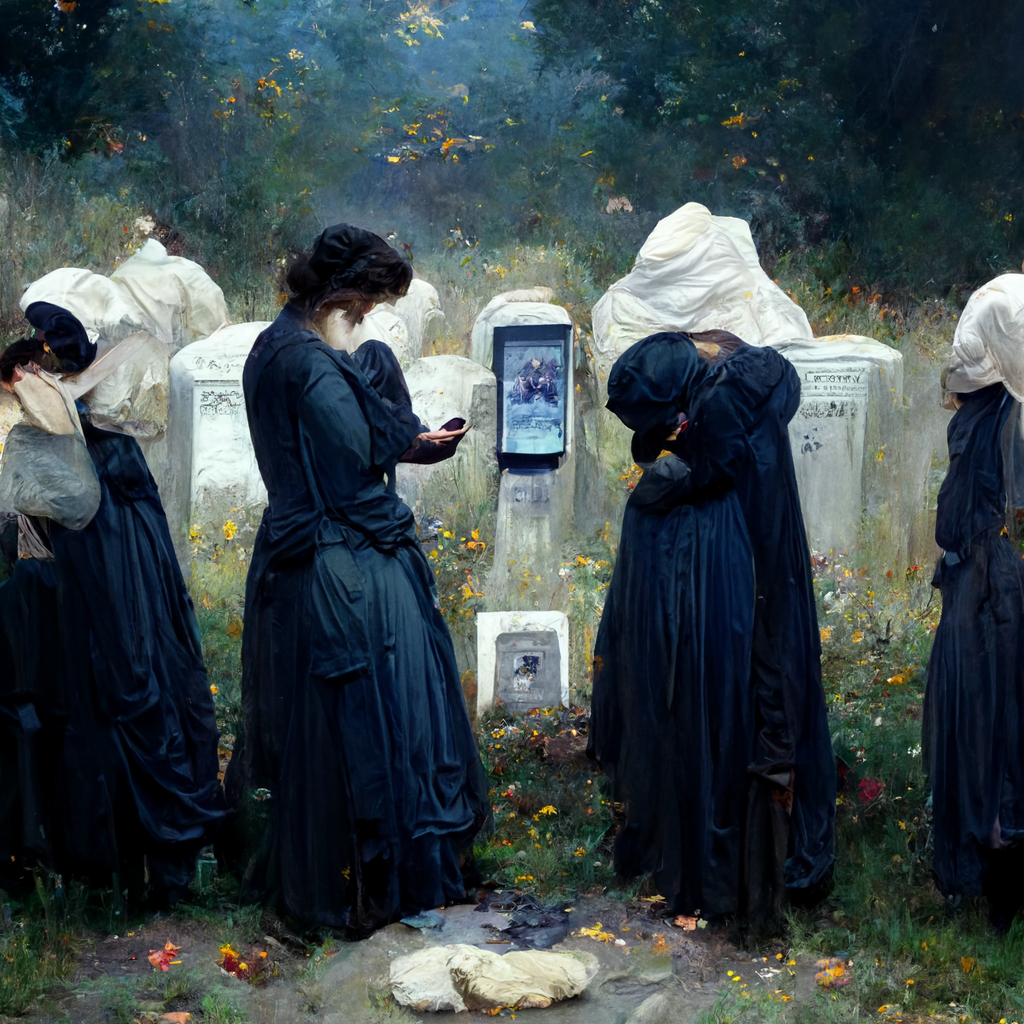 KI-generierte Abbildung, Frauen trauern über das Smartphone